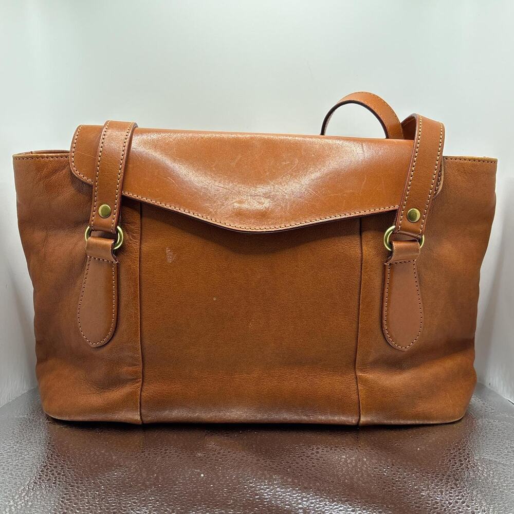 Vintage Handmade Leathercraft by Emi Cognac Leather Flap Medium Tote Bag